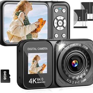 Digital Camera, 4K 64MP Dual Screens Camera, 18X Zoom, Point and Shoot Digital Camera with 64GB TF Card & 2 Batteries, Portable Rechargeable Small Camera for Kids Teens Adult, Black