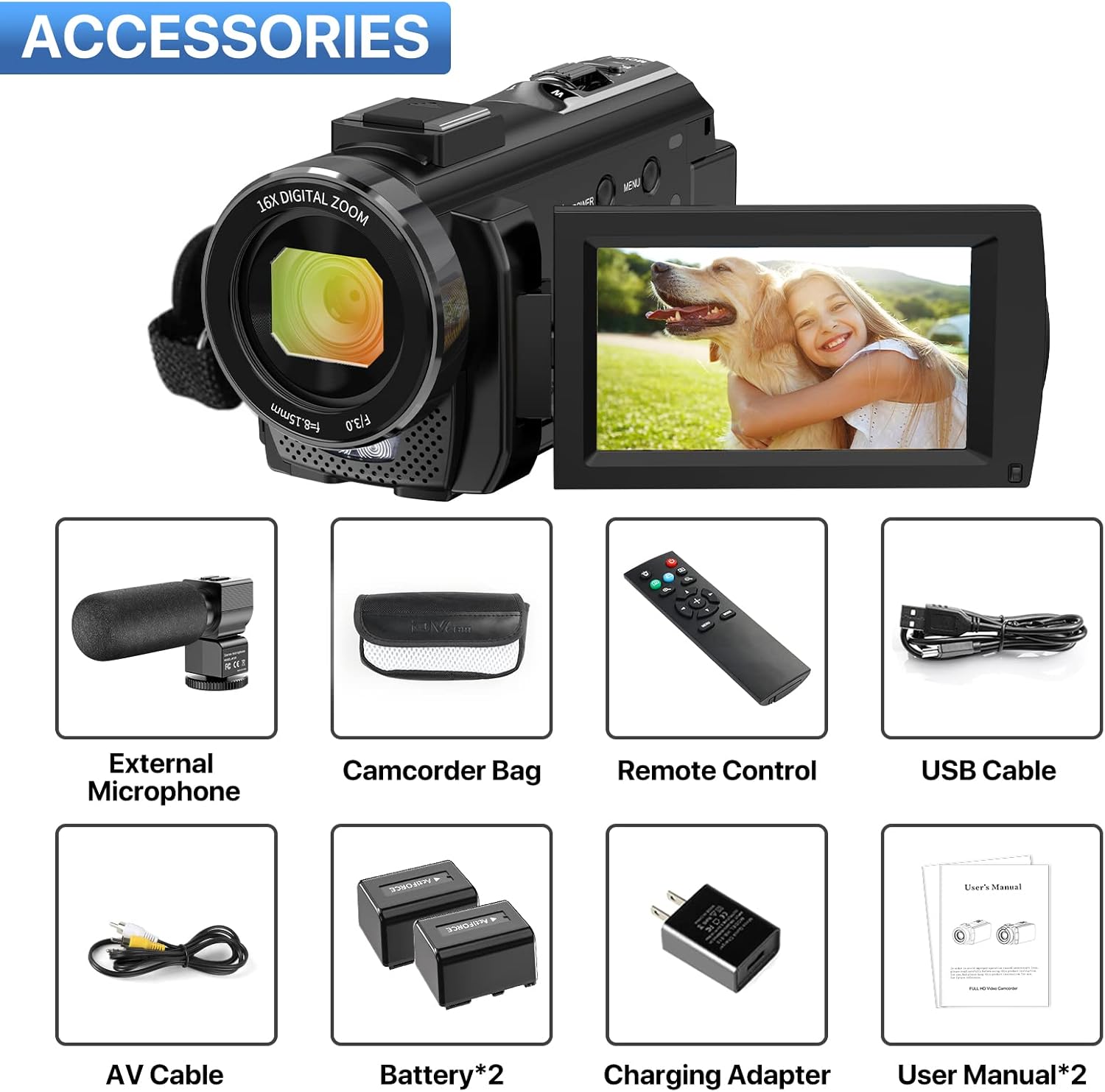 Video Camera YouTube Vlogging Camera Recorder FHD 1080P 24.0MP 3.0 Inch 270 Degree Rotation Screen 16X Digital Zoom Camcorder with Microphone,Remote Control and 2 Batteries - Image 7